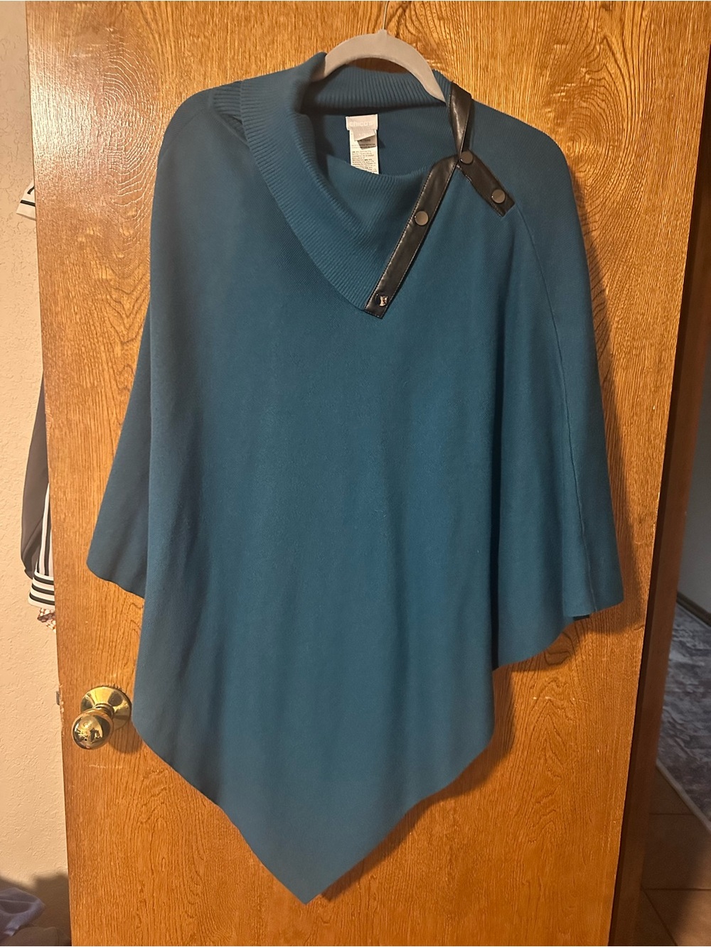 Chico's Teal Knit Poncho with Leather Strap Detail L/XL